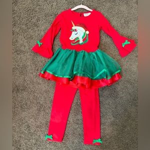 Girl holiday Christmas dress with matching leggings (Unicorn). Size 4